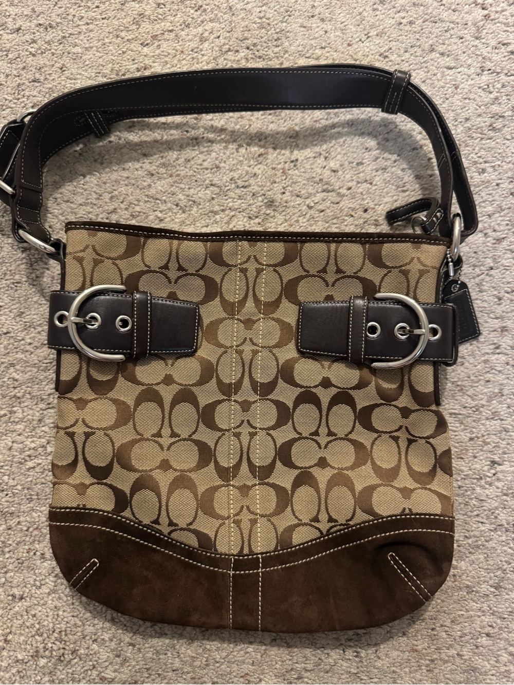 Coach Monogram Canvas Shoulder Bag - Brown/Tan